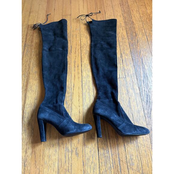 Stuart Weitzman Boots Womens Size 8.5 Black Suede Over The Knee Tie Back Heel - Picture 1 of 9